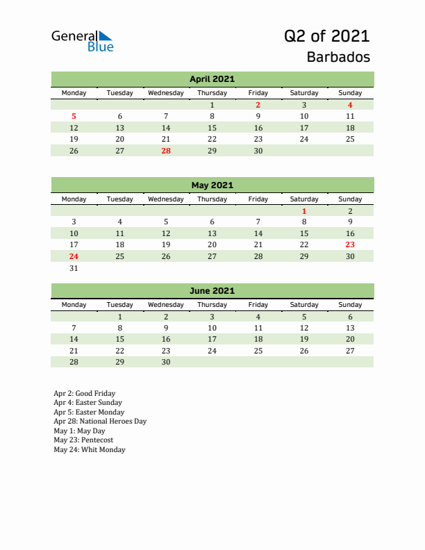 Quarterly Calendar 2021 with Barbados Holidays
