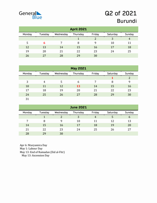 Quarterly Calendar 2021 with Burundi Holidays