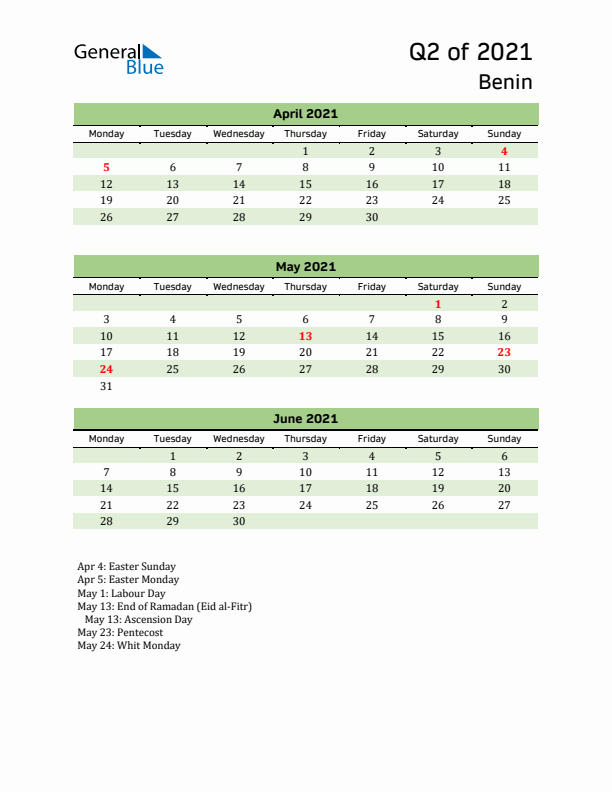 Quarterly Calendar 2021 with Benin Holidays