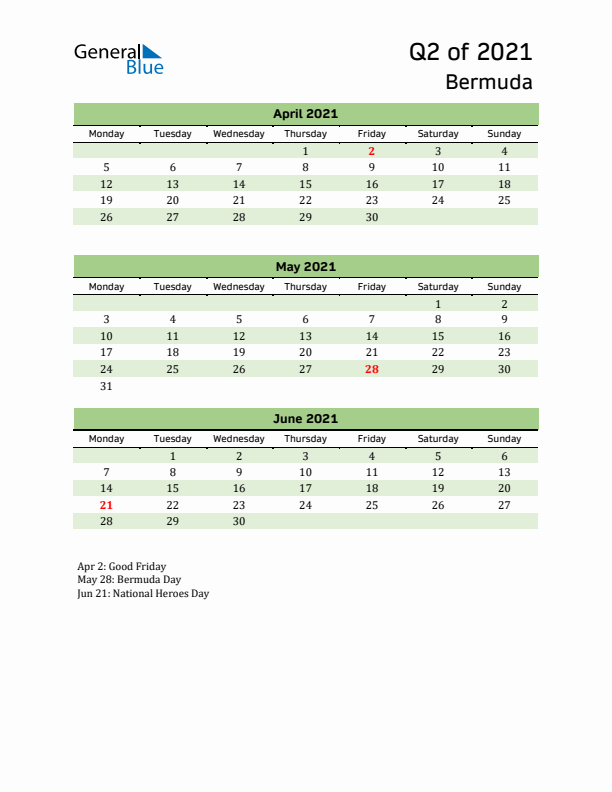Quarterly Calendar 2021 with Bermuda Holidays
