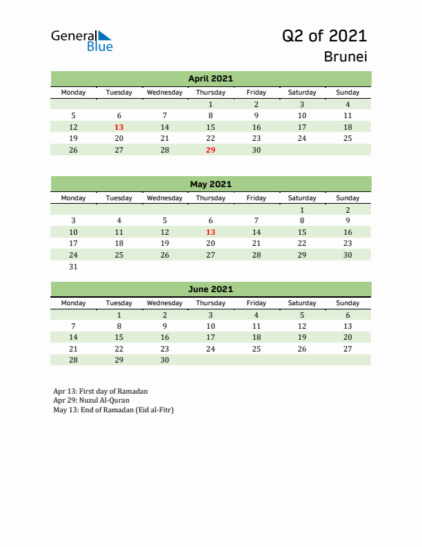 Quarterly Calendar 2021 with Brunei Holidays