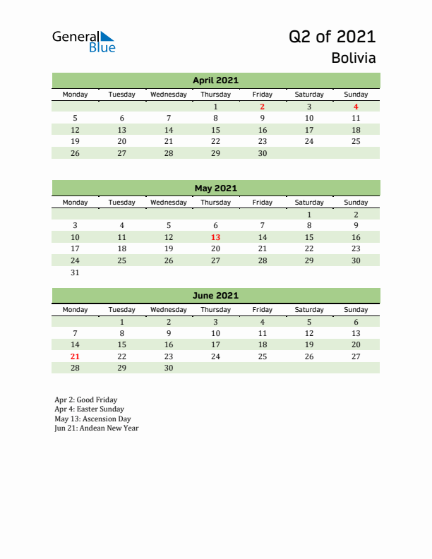 Quarterly Calendar 2021 with Bolivia Holidays