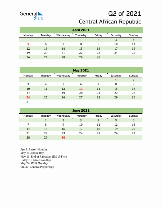 Quarterly Calendar 2021 with Central African Republic Holidays