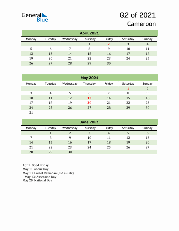 Quarterly Calendar 2021 with Cameroon Holidays