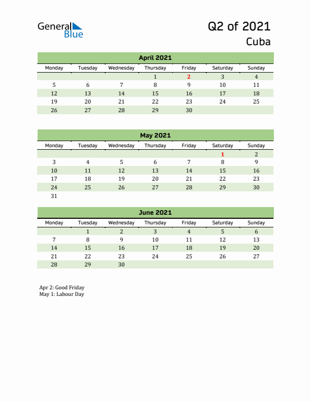 Quarterly Calendar 2021 with Cuba Holidays