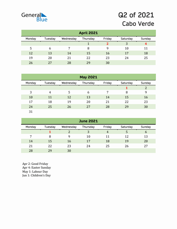Quarterly Calendar 2021 with Cabo Verde Holidays