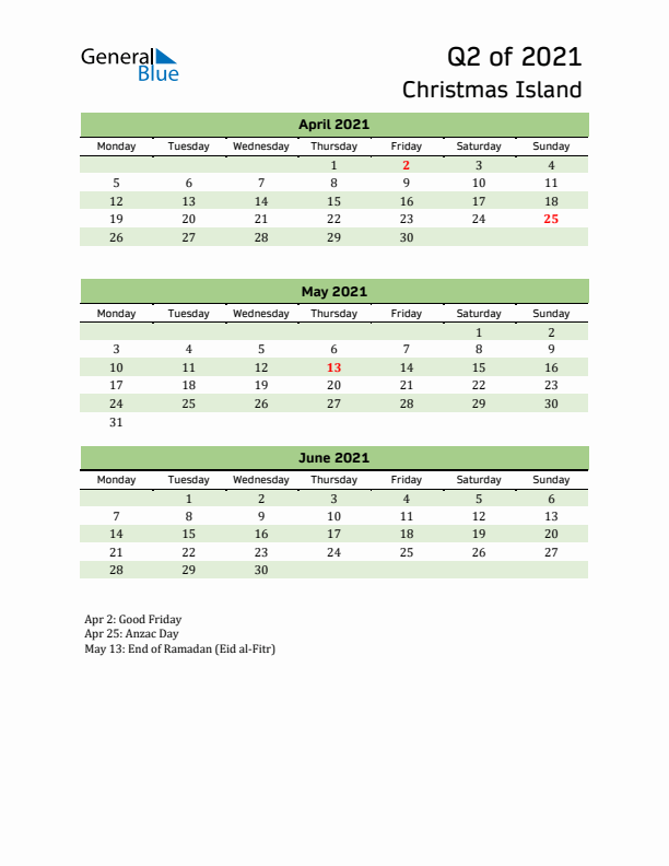 Quarterly Calendar 2021 with Christmas Island Holidays