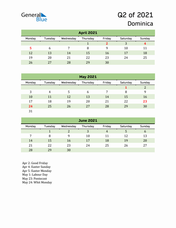 Quarterly Calendar 2021 with Dominica Holidays