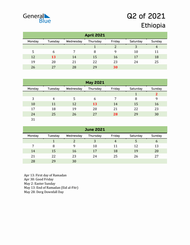 Quarterly Calendar 2021 with Ethiopia Holidays