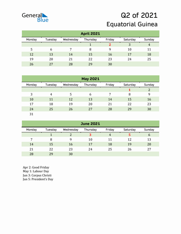 Quarterly Calendar 2021 with Equatorial Guinea Holidays