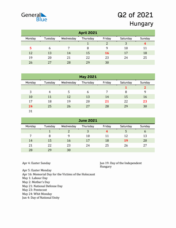Quarterly Calendar 2021 with Hungary Holidays