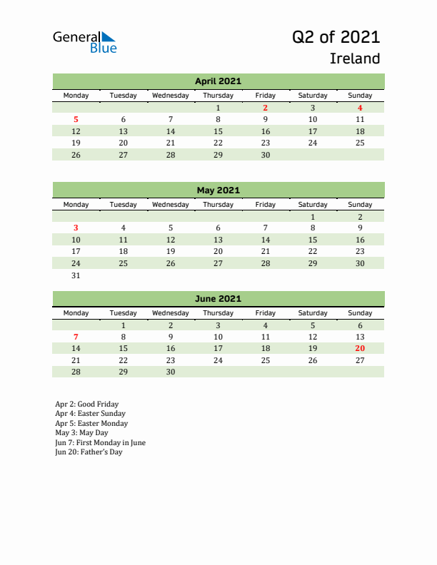 Quarterly Calendar 2021 with Ireland Holidays