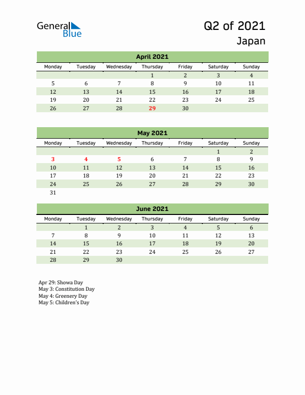 Quarterly Calendar 2021 with Japan Holidays