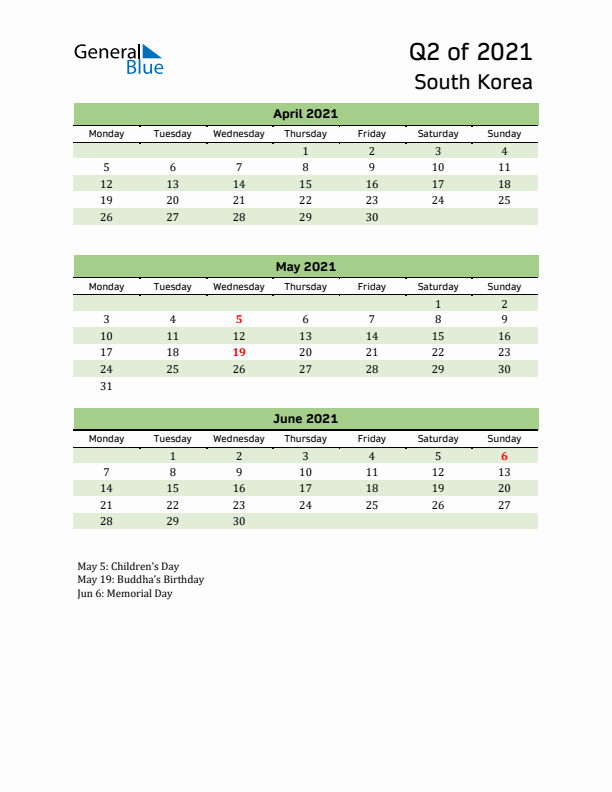Quarterly Calendar 2021 with South Korea Holidays