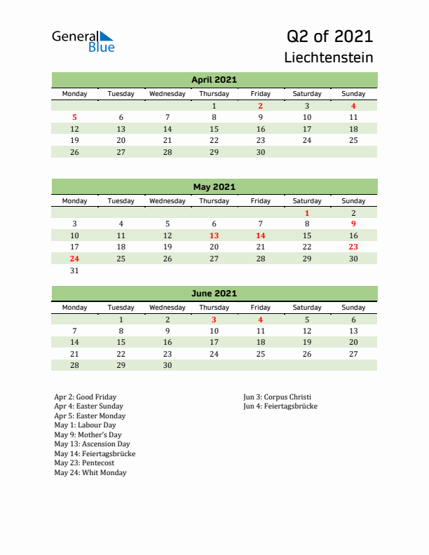 Quarterly Calendar 2021 with Liechtenstein Holidays
