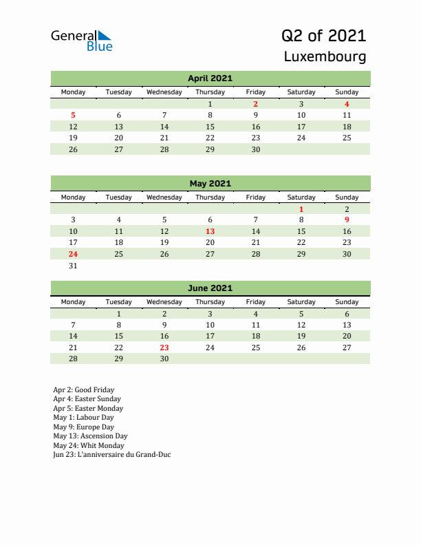 Quarterly Calendar 2021 with Luxembourg Holidays