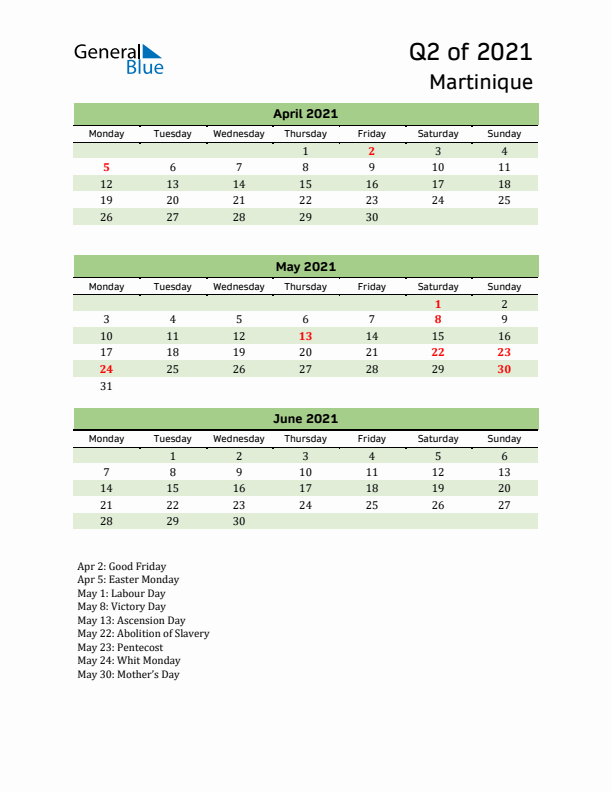 Quarterly Calendar 2021 with Martinique Holidays
