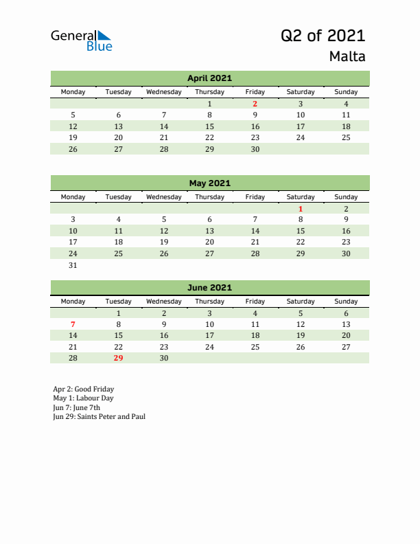 Quarterly Calendar 2021 with Malta Holidays