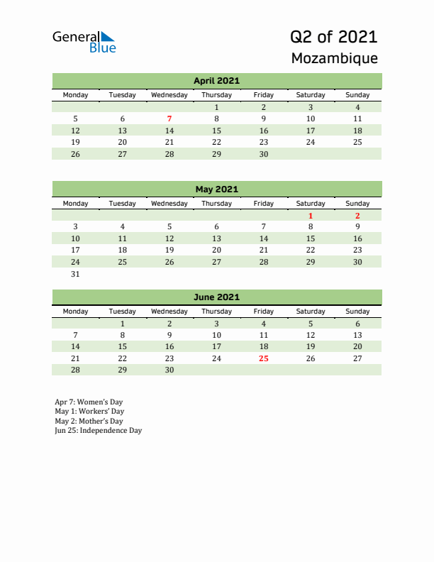 Quarterly Calendar 2021 with Mozambique Holidays