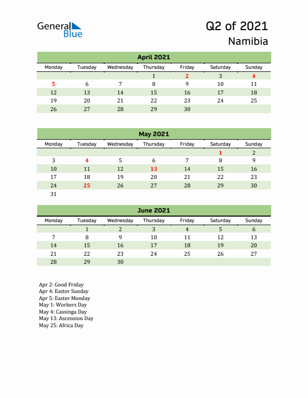 Quarterly Calendar 2021 with Namibia Holidays