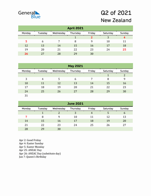 Quarterly Calendar 2021 with New Zealand Holidays