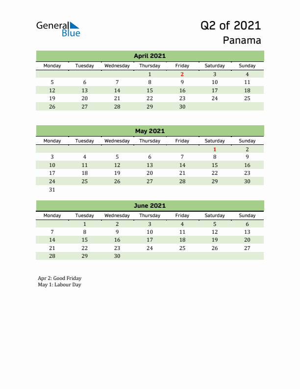 Quarterly Calendar 2021 with Panama Holidays