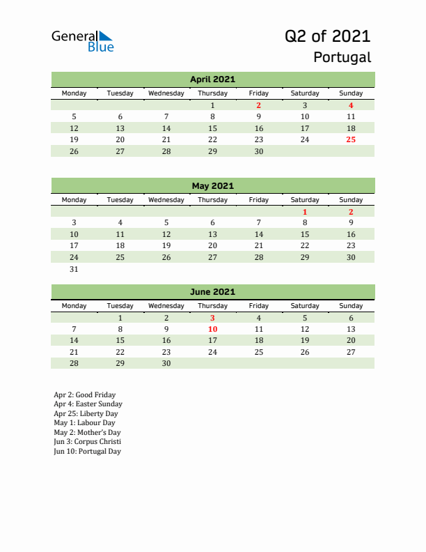 Quarterly Calendar 2021 with Portugal Holidays