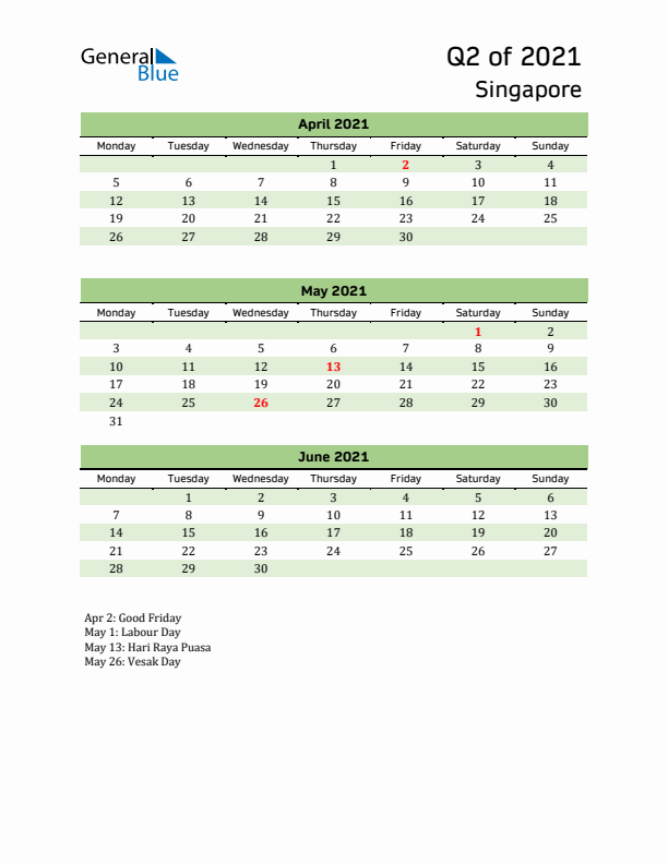 Quarterly Calendar 2021 with Singapore Holidays
