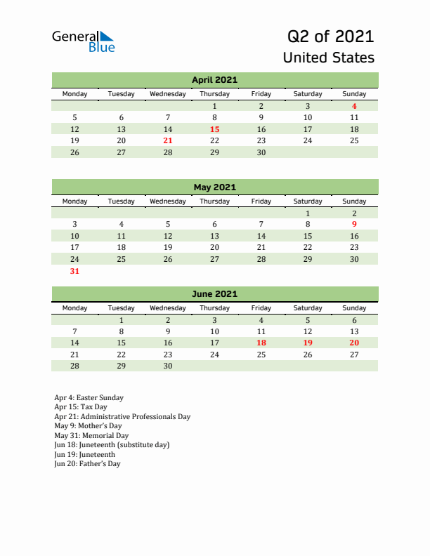 Quarterly Calendar 2021 with United States Holidays
