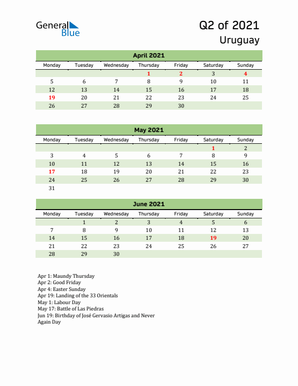 Quarterly Calendar 2021 with Uruguay Holidays