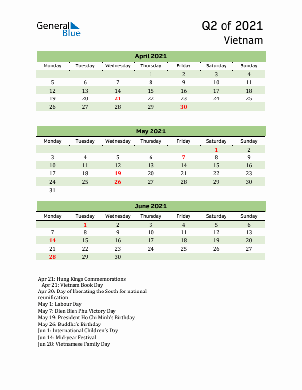 Quarterly Calendar 2021 with Vietnam Holidays