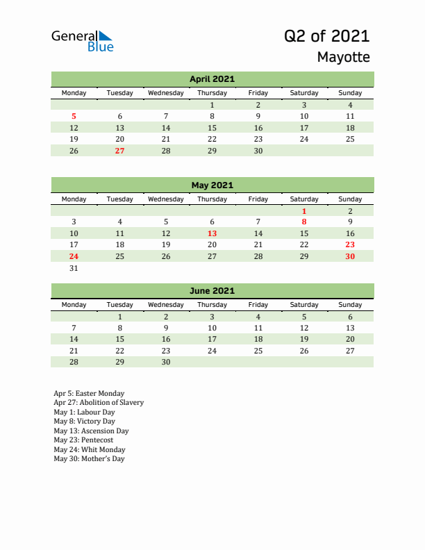 Quarterly Calendar 2021 with Mayotte Holidays