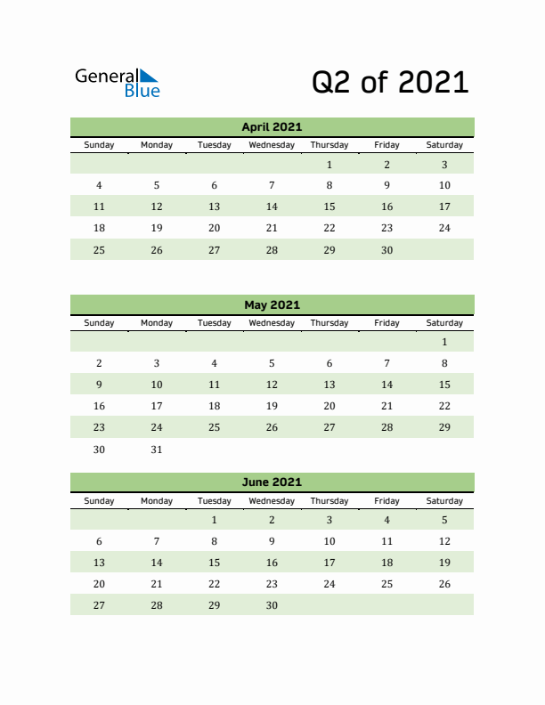 Printable Quarterly Calendar (Q2 2021)