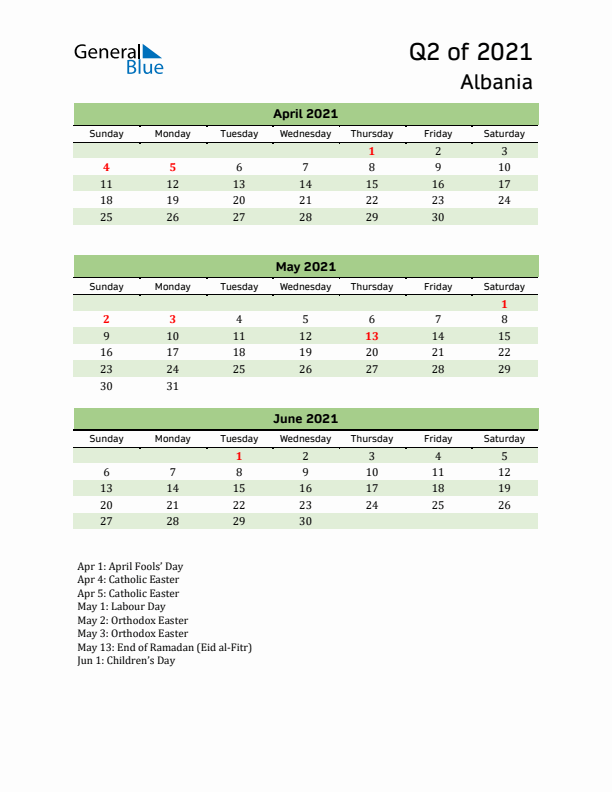 Quarterly Calendar 2021 with Albania Holidays