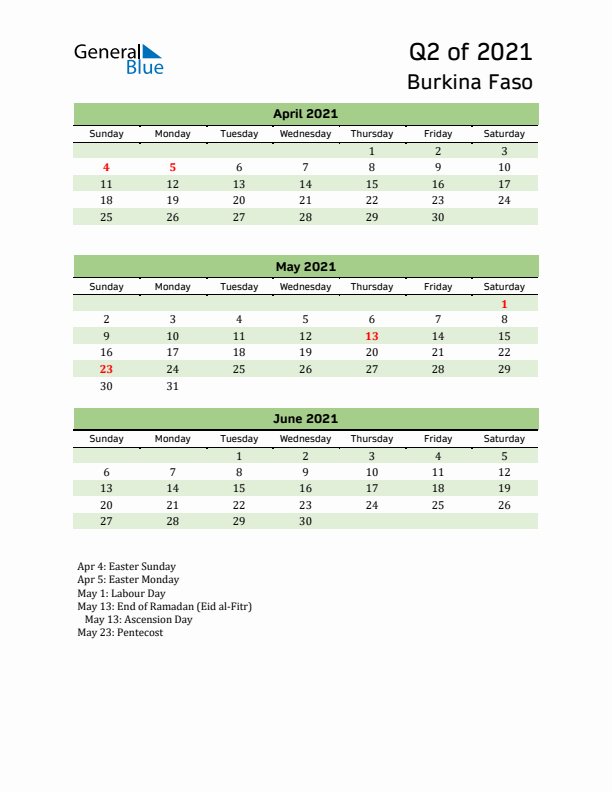 Quarterly Calendar 2021 with Burkina Faso Holidays
