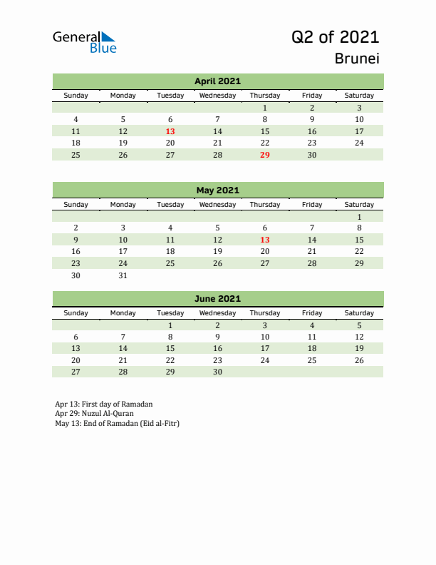 Quarterly Calendar 2021 with Brunei Holidays