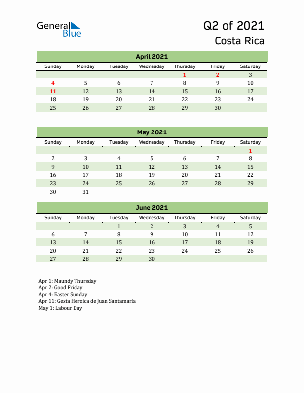 Quarterly Calendar 2021 with Costa Rica Holidays