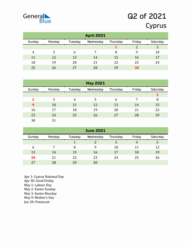 Quarterly Calendar 2021 with Cyprus Holidays