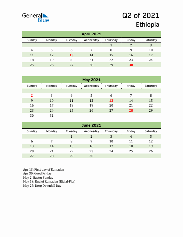 Quarterly Calendar 2021 with Ethiopia Holidays