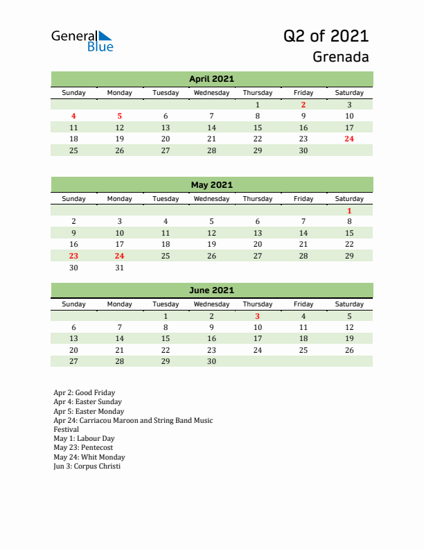 Quarterly Calendar 2021 with Grenada Holidays