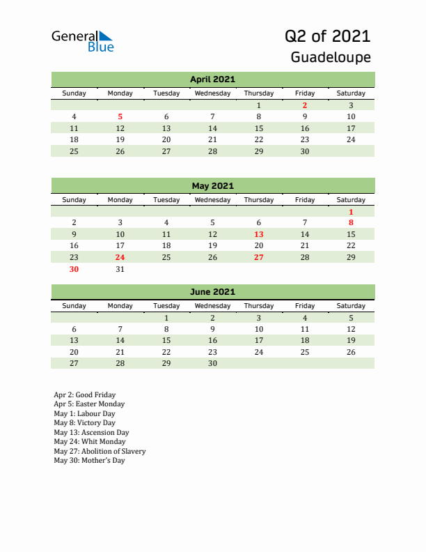 Quarterly Calendar 2021 with Guadeloupe Holidays
