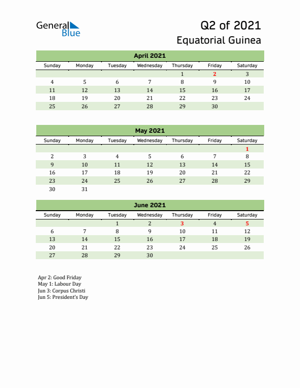 Quarterly Calendar 2021 with Equatorial Guinea Holidays