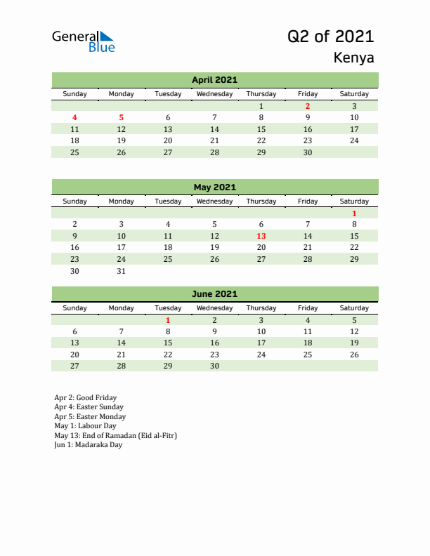 Quarterly Calendar 2021 with Kenya Holidays