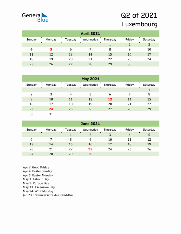 Quarterly Calendar 2021 with Luxembourg Holidays