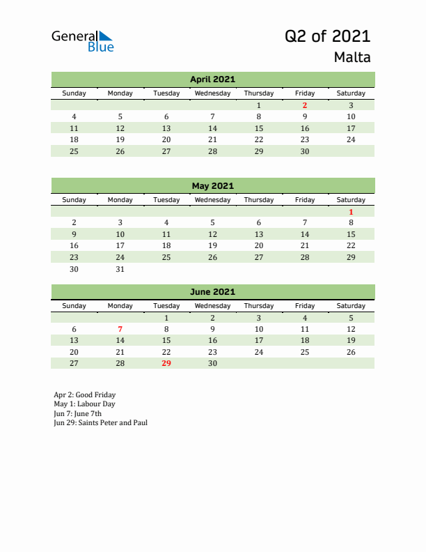 Quarterly Calendar 2021 with Malta Holidays