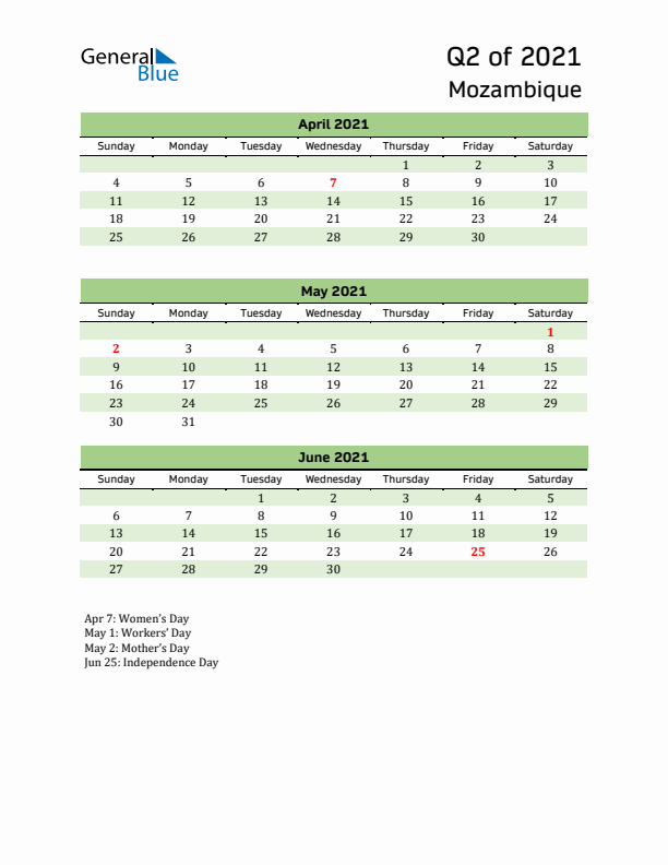 Quarterly Calendar 2021 with Mozambique Holidays