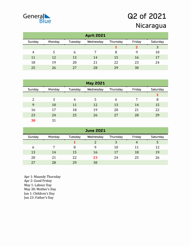 Quarterly Calendar 2021 with Nicaragua Holidays