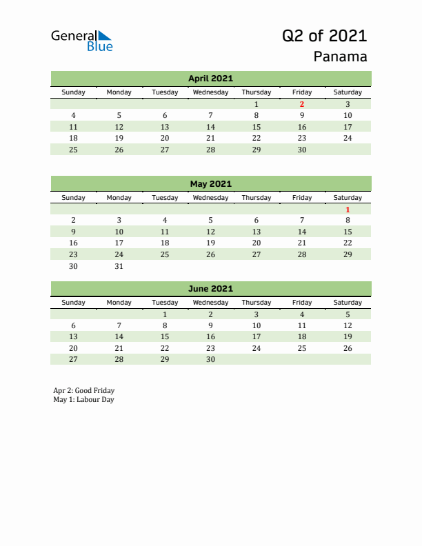 Quarterly Calendar 2021 with Panama Holidays