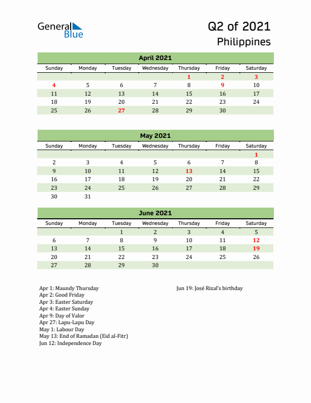 Quarterly Calendar 2021 with Philippines Holidays