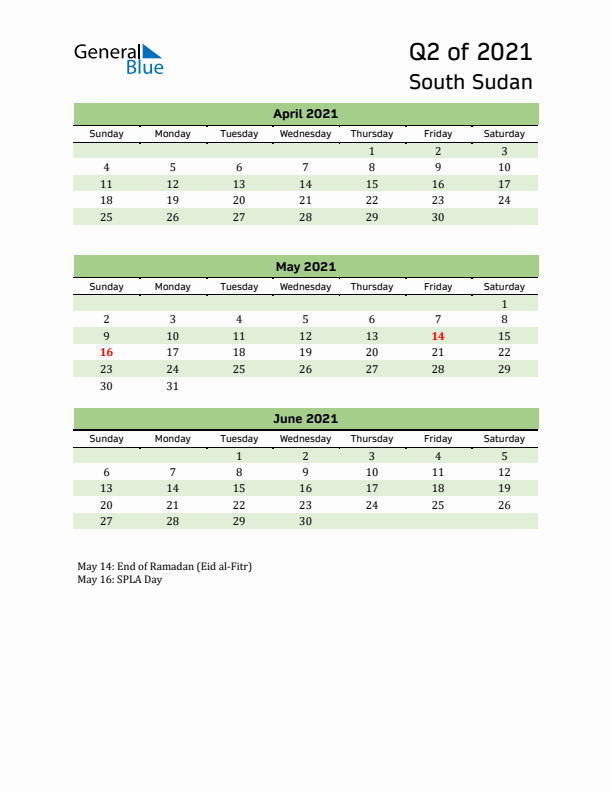 Quarterly Calendar 2021 with South Sudan Holidays